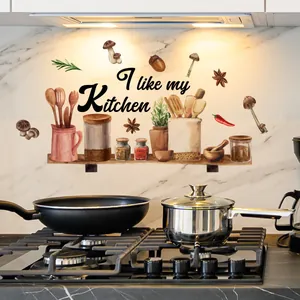 Self-adhesive kitchen wall sticker with I like my Kitchen slogan and culinary elements