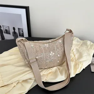 Women Fashion Straw Woven Shoulder Bag Flower Embroidery Half Moon Hobo Bag Adjustable Canvas Strap Summer Beach Travel Bag