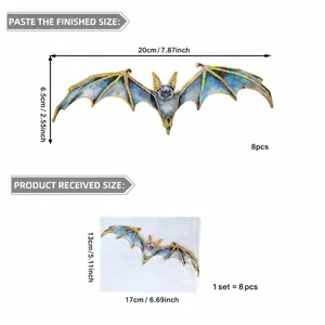 Blue and gold 3D bat wall stickers for Halloween, set of 8 pieces with size dimensions