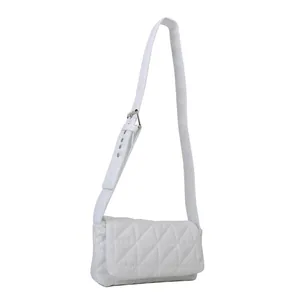 White quilted nylon crossbody bag with chic rhombic patterns and adjustable strap