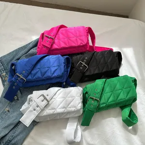 Quilted nylon crossbody bags in multiple vibrant colors with wide buckled shoulder straps