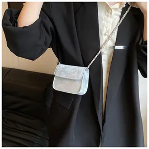 Detail shot of silver mini crossbody bag with rich rabbit logo and bicolor chain strap