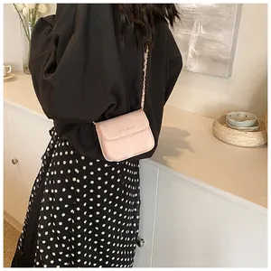Detail view of pink square crossbody bag with rich rabbit logo and chain strap on model