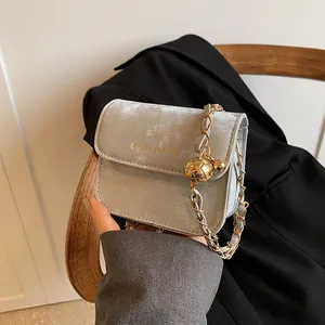 Light gray velvet crossbody bag with chain strap and gold rabbit logo in stylish setting