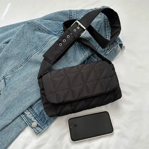 Quilted black oxford crossbody bag with adjustable wide strap for casual daily wear