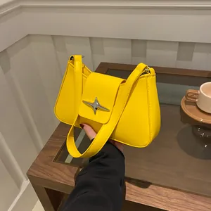 Women Minimalist PU Leather Underarm Bag Fashion Star Buckle Solid Color Shoulder Bag Y2K Baguette Bag Casual Hobo Handbag