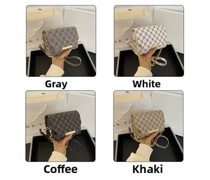Detail showing four vintage crossbody bags in grey, white, coffee, and khaki colors