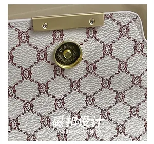 Macro detail of retro patterned white leather bag with gold magnetic buckle and lychee texture