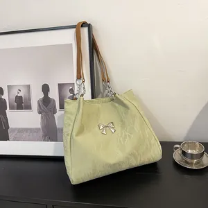 Women Sweet Pleated Velvet Tote Bag Fashion Large Capacity Shoulder Bag With Metal Bow Decor For Daily Commute
