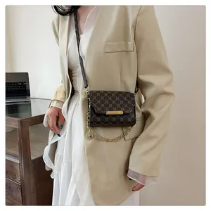 Close-up of vintage brown pattern crossbody bag with golden chain and metallic buckle