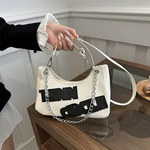 Women Fashion PU Leather Underarm Bag Trendy Letter Patch Shoulder Crossbody Bag With Silver Chain Strap Casual Hobo Bag
