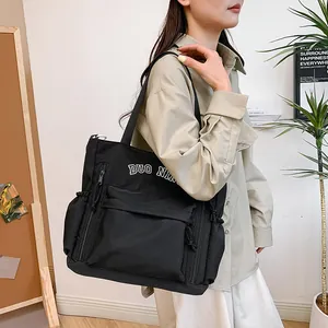 Women Casual Large Capacity Tote Bag Lightweight Canvas Multi-Pocket Shoulder Bag Crossbody Travel Bag For Student School Daily Use
