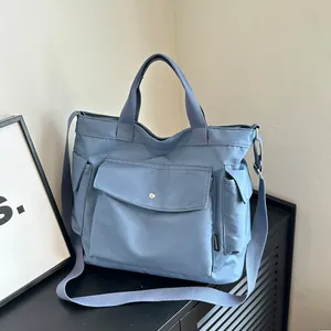 Casual Canvas Tote Bag For Women Large Capacity Multi-Pocket Shoulder Bag For College Commute Street Trend Crossbody Bag