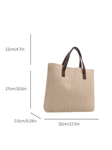 Detailed size guide of straw tote bag showing 32cm width and 27cm height measurements