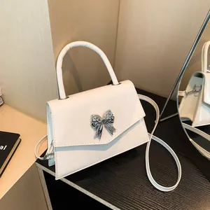 Women Minimalist PU Handbag Chic Glossy Crossbody Bag With Silver Metal Bow Shoulder Bag For Daily Party Wedding Jewelry