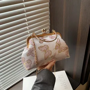 Bolso de Boquilla de Satén con Bordado de Mariposa Vintage Con Asa de Metal Correa de Cadena Para Mujer Boda Fiesta Cartera de Mano