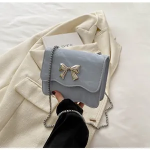 Macro view of a mini light blue crossbody bag with a silver metal bow buckle and snake chain