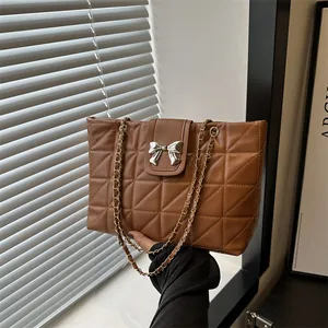 Women Quilted Rhombic Tote Bag Fashion PU Leather Shoulder Bag With Silver Bow Metal Buckle Chain Strap Large Capacity Bag