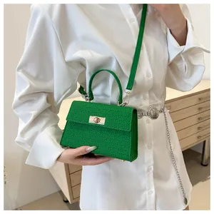 Close-up of green embossed small square bag featuring golden twist lock and top handle
