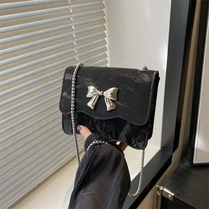 Women Trendy Wave Edge Bow Crossbody Bag PU Leather Mini Shoulder Bag With Metal Chain Strap Fashion Small Square Bag