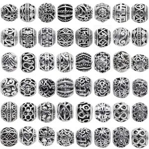 Antique Silver Alloy Hollow Beads DIY Jewelry Making Charms For Bracelet Necklace Vintage Bohemian Flower Geometric Large Hole Spacer Beads