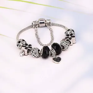 Women DIY Charm Bracelet With Heart Pendant Black Crystal Glass Beads Silver Plated Alloy Snake Chain Bracelet Jewelry