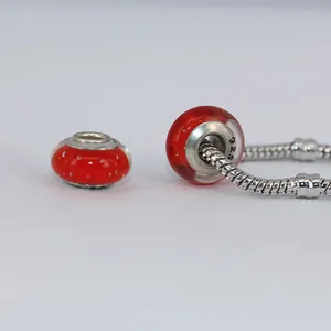 Handmade 925 sterling silver red glass charm bead with white polka dots on snake chain