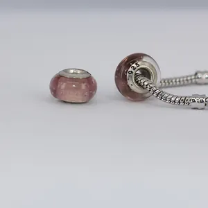 Handmade S925 silver pink bubble glass charms on classic silver snake chain bracelet