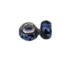 14mm resin glass beads with blue floral patterns and metal core for DIY jewelry