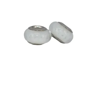 Handmade milky white glass beads with bubble texture and silver metal core for DIY jewelry