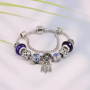 Pulsera De Charms DIY Para Mujer Aleación Plateada Cadena Serpiente Cuentas Vidrio Azul Atrapasueños Carruaje Calabaza Colgante