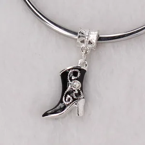 Exquisite silver and black enamel boot charm with rhinestone for DIY jewelry making
