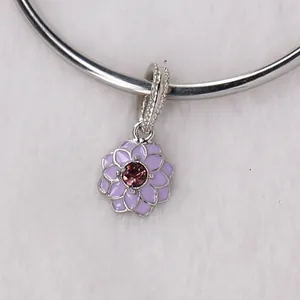 Purple enamel flower charm with red gemstone and silver textured ring for bracelets