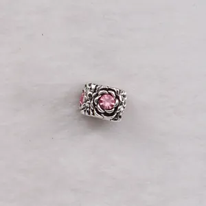 DIY silver-tone flower bead with pink crystal for bracelet making and jewelry design
