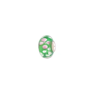 Floral glass large hole bead charm with pink petals and copper core for DIY jewelry