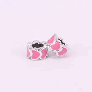 Silver hollow heart charms with pink enamel drip for DIY bead bracelet jewelry making