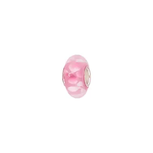 Macro detail of a pink glass bead with white floral interior and silver metal core