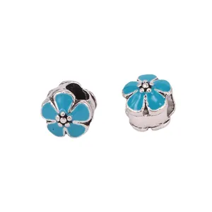 Sky blue enamel cherry blossom charm bead in silver finish for DIY bracelet