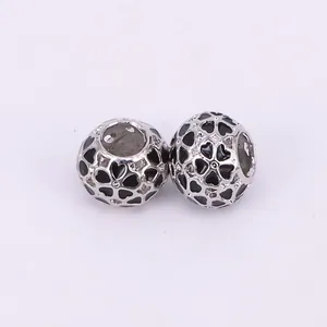 Hollow heart pattern flower bead charms with black enamel and zircons for bracelets