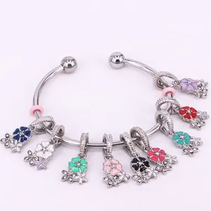 Enamel Cherry Blossom Flower Charms For Jewelry Making DIY Alloy Rhinestone Pendants For Bracelet Necklace Women Accessories