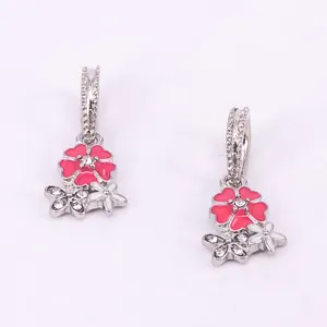 Pink enamel cherry blossom pendants with clear crystals and silver alloy base