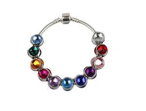 Detailed view of silver snake chain ring with twelve multi-colored faceted crystal beads