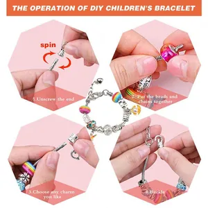 Step-by-step guide for DIY kids charm bracelet kit with colorful beads and heart pendants