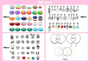 Detail of 98-piece DIY jewelry set with unicorn pendants, colorful beads, and metal chains