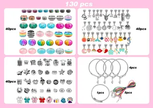 Macro view of 130pcs DIY jewelry kit including unicorn charms and colorful glass beads