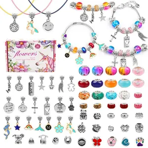 DIY Jewelry Bracelet Making Kit For Girls Unicorn Rainbow Alloy Charms Colorful Glass Beads Snake Chain Bracelets Jewelry Set