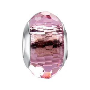Pink faceted crystal bead with silver metal core for DIY charm bracelets and jewelry