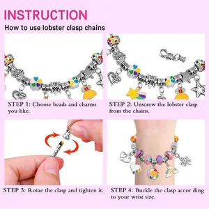 Guide du kit bijoux DIY montrant les étapes pour assembler perles et breloques colorées