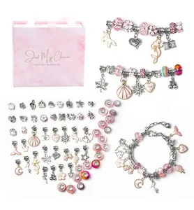 Kids DIY Bracelet Making Kit Alloy Enamel Charms Glass Beads With Pink Marble Gift Box For Girls Birthday Jewelry Set