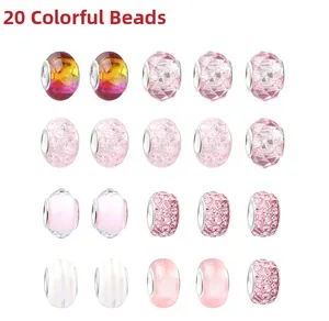 Set of 20 pink and purple glass beads with large metal holes for DIY bracelet making